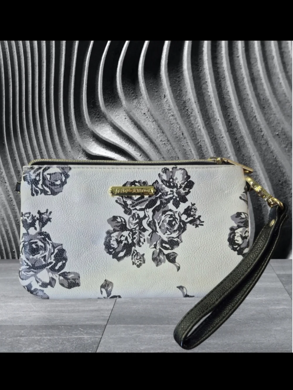 Betsey Johnson White Floral Wristlet with Black Strap